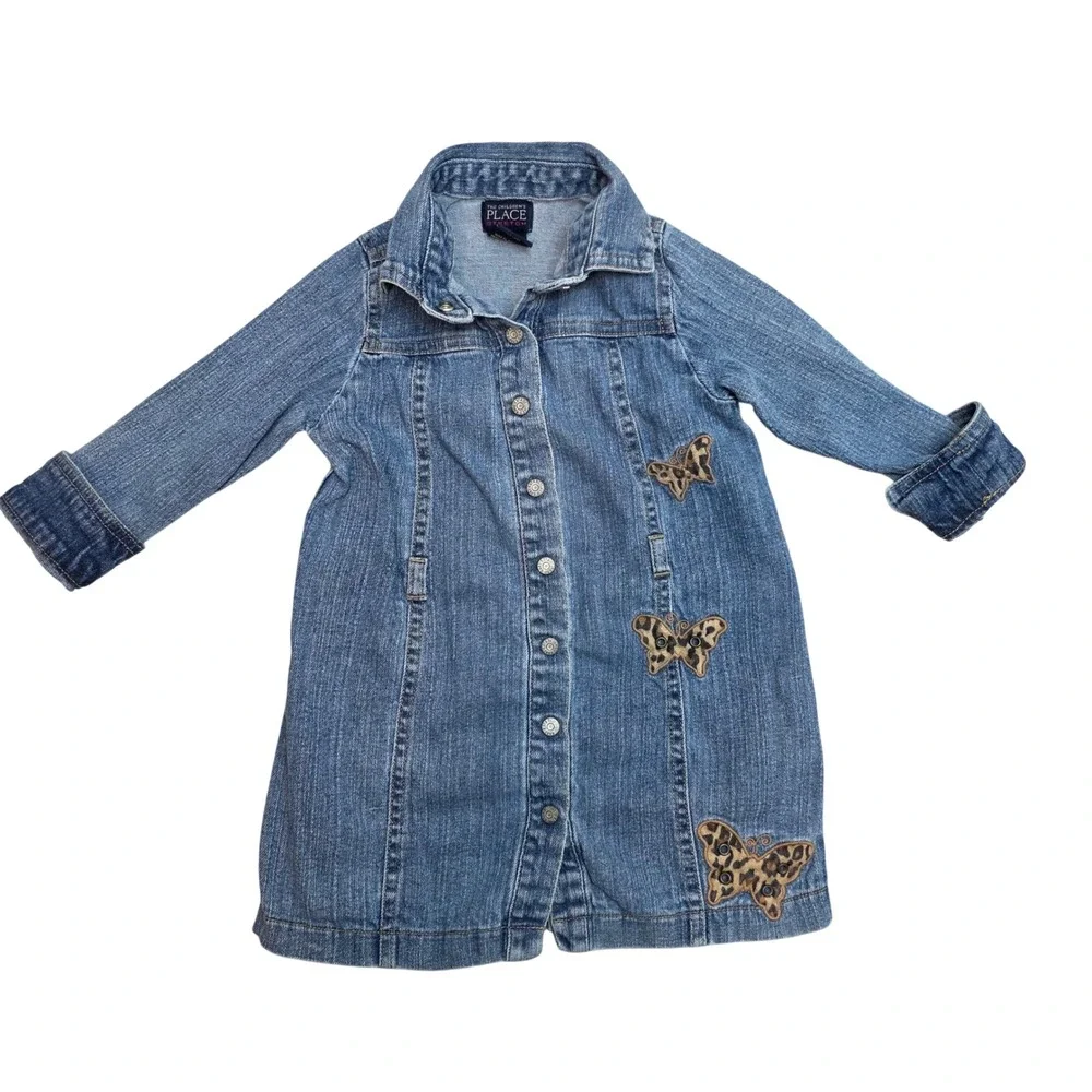 The Childrens Place Girls Blue Denim Butterfly Leopard Dress 36 Mos 3T Stretch